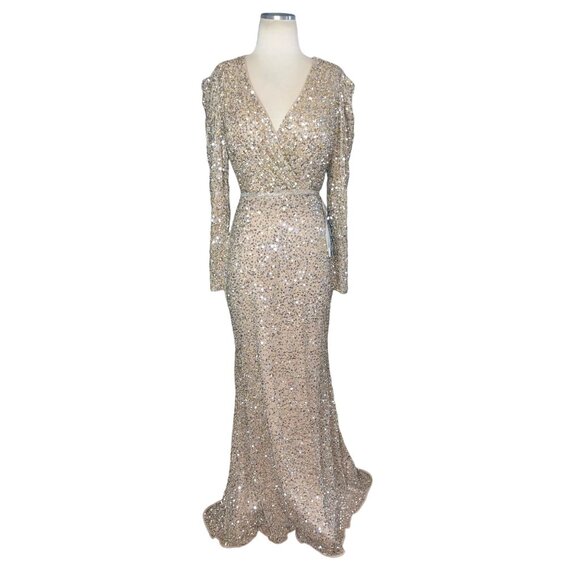 Mac Duggal Puff Sleeve Sequined Surplice Gown Shimmering Gold 8 New Womens Long - Picture 4 of 10